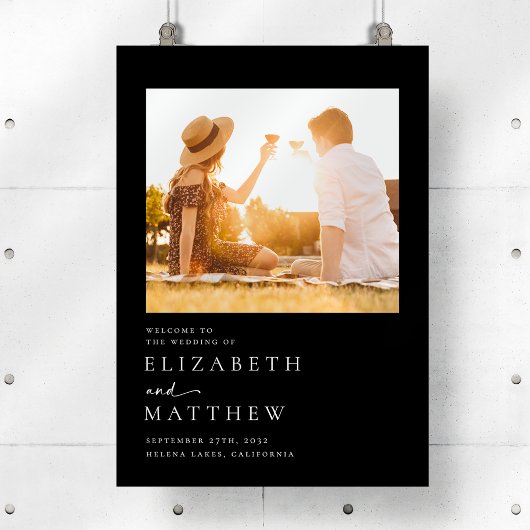 黒モダン文字写真の結婚ウェルカムサイン ポスター