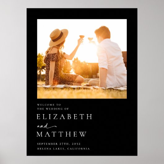 黒モダン文字写真の結婚ウェルカムサイン ポスター (正面)