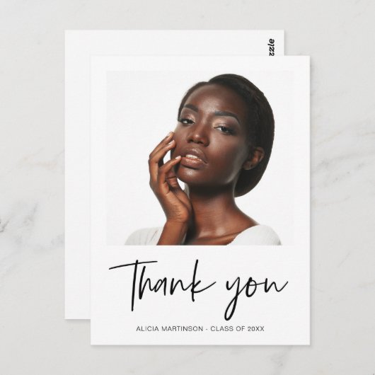 黒モダン文字卒業写真ありがとう ポストカード (正面/裏面)