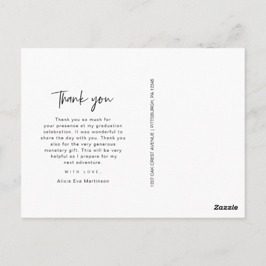 黒モダン文字卒業写真ありがとう ポストカード (裏面)