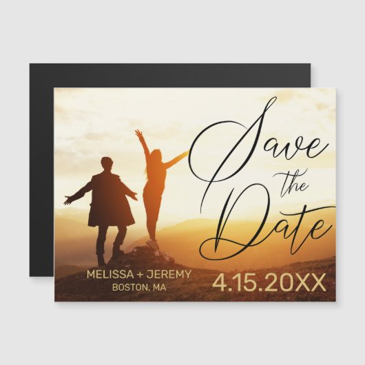 黒モダン文字結婚の写真日付の保存 (正面/裏面)