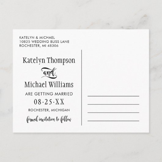 黒モダン文字結婚の写真日付の保存 案内ポストカード (裏面)