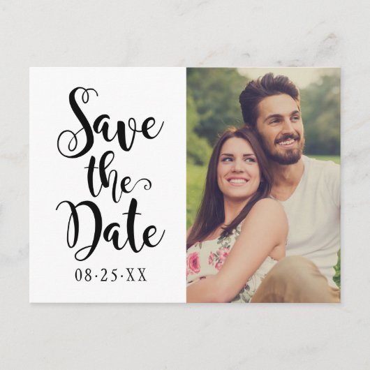 黒モダン文字結婚の写真日付の保存 案内ポストカード (正面)