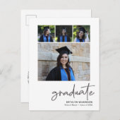 黒モダン文字4フォトコラージュ卒業 案内ポストカード (正面/裏面)