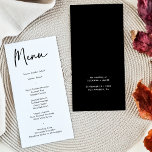 黒モダン書の結婚ディナーメニュー メニュー<br><div class="desc">このモダンメシンプルニュー結婚カードは、前面に白い背景と黒い背景に結婚あなたのメニューのための書道とフォントを備えている。黒と白のモダン色のテーマやエレガントな結婚式と結婚も、まだクラシックの結婚イベントや他のに最適。背面には名前と日付の結婚余地がある。または背面の文字を削除する。このアイテムは、より一致する結婚アイテムを持つコレクション全体の一部である。</div>