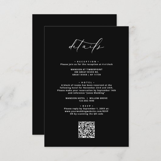 黒モダン書エレガントの結婚詳細 エンクロージャーカード (正面/裏面)