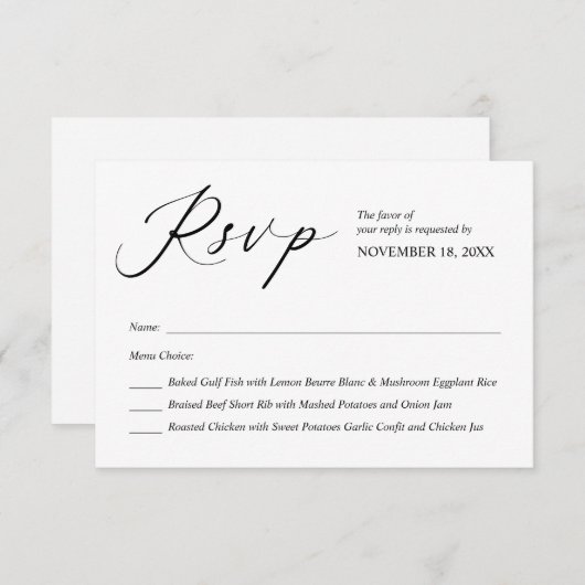 黒モダン書、結婚式RSVP エンクロージャーカード (正面/裏面)