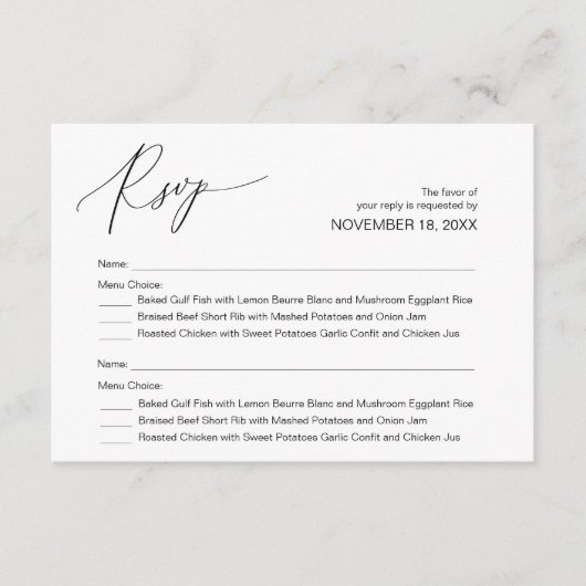 黒モダン書、結婚式RSVP エンクロージャーカード (正面)