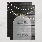 黒モダン材素朴金ゴールドライトアーチ結婚ズ サンキューカード (正面/裏面)