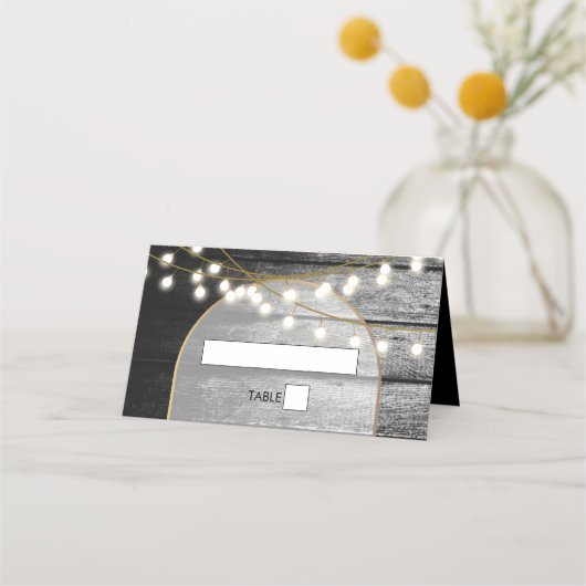 黒モダン材素朴金ゴールドライトアーチ結婚ズ プレイスカード (正面)