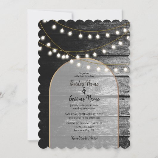 黒モダン材素朴金ゴールドライトアーチ結婚ズ 招待状 (正面)