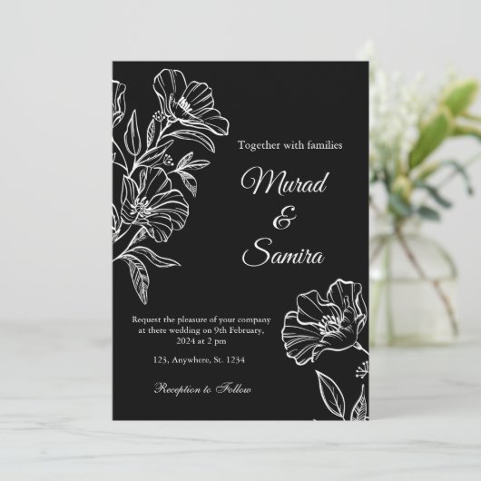 黒モダン植物線アート結婚式招待状 招待状 (スタンド正面)