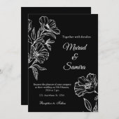 黒モダン植物線アート結婚式招待状 招待状 (正面/裏面)