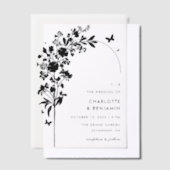 黒モダン植物蝶アーチ ベラム紙招待状 (オフセット)