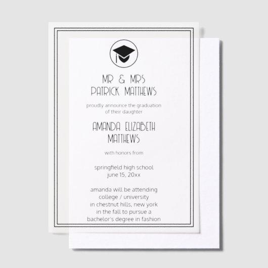 黒モダン様式化フォントシンプル卒業 ベラム紙招待状 (オフセット)