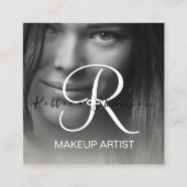 黒モダン毛化粧フォトイニシャルqrコード スクエア名刺 (正面)