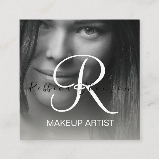 黒モダン毛化粧フォトイニシャルqrコード スクエア名刺 (正面)