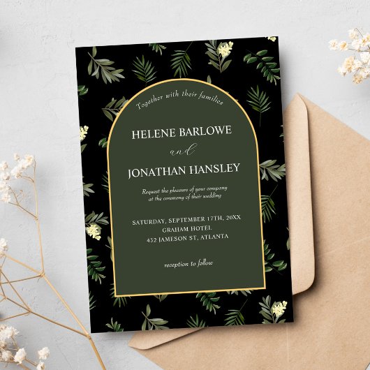 黒モダン水エレガント彩植物学結婚院 招待状