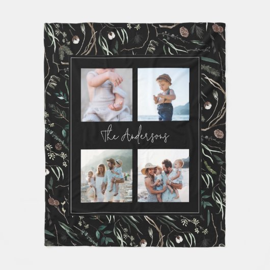黒モダン水エレガント色植物写真4枚 フリースブランケット (正面)