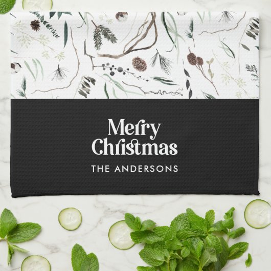 黒モダン水エレガント色植物素朴k キッチンタオル (折り畳み)