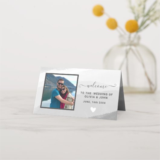 黒モダン水彩写真結婚の折り畳み プレイスカード (正面)