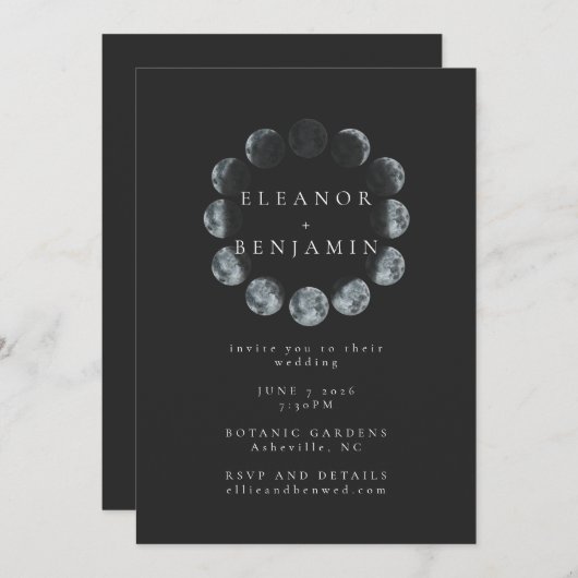 黒モダン水彩月相結婚の 招待状 (正面/裏面)