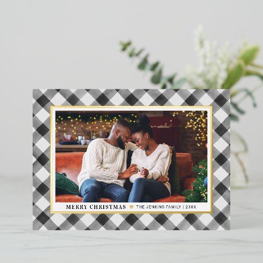 黒モダン水牛のプレイドのクリスマスフォト 箔シーズンカード (立ち正面)