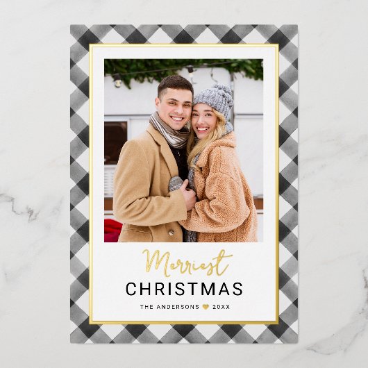 黒モダン水牛のプレイドのクリスマスフォト 箔シーズンカード (正面)