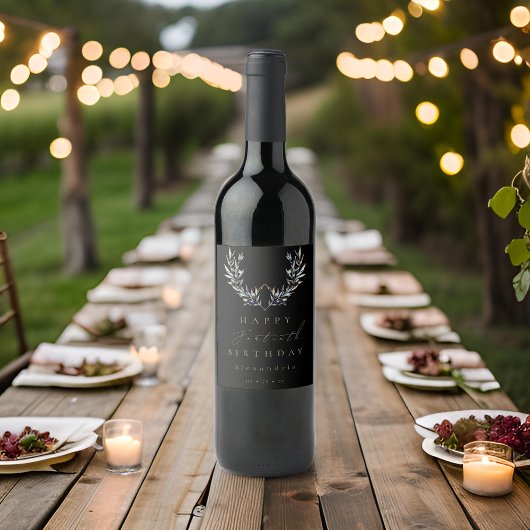 黒モダン水色オリーブ枝ANY誕生日 ワインラベル