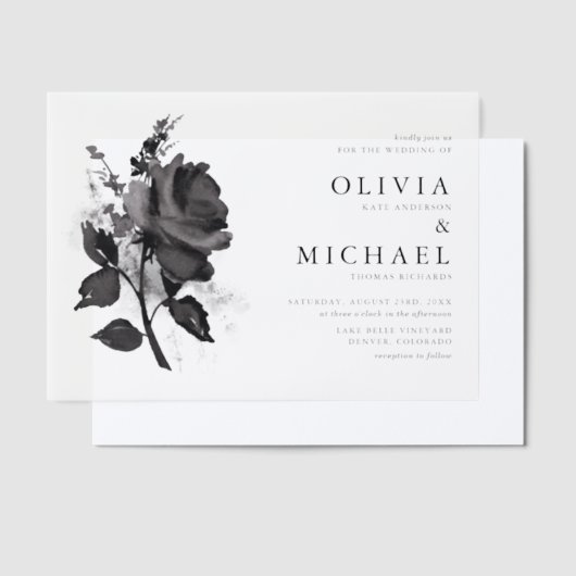 黒モダン水色バラミニマル結婚リスト ベラム紙招待状 (オフセット)