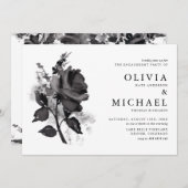 黒モダン水色バラ婚約パーティ 招待状 (正面/裏面)