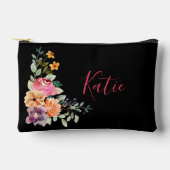 黒モダン水色フローラスクリプトモノグラム アクセサリーポーチ (正面)