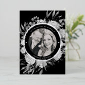 黒モダン水色フローラ写真の保存日付 箔招待状 (立ち正面)