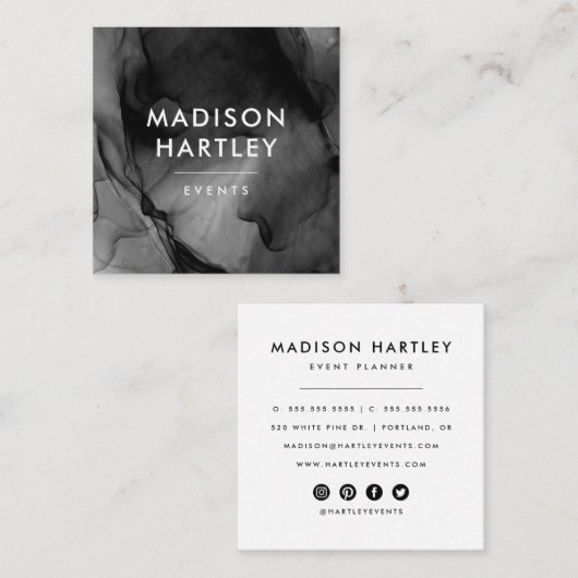 黒モダン水色正方形名刺 スクエア名刺 (正面/裏面)