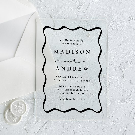 黒モダン波状のフレ結婚ーム アクリル招待状