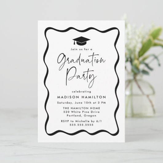 黒モダン波額写真卒業パーティー 招待状 (スタンド正面)