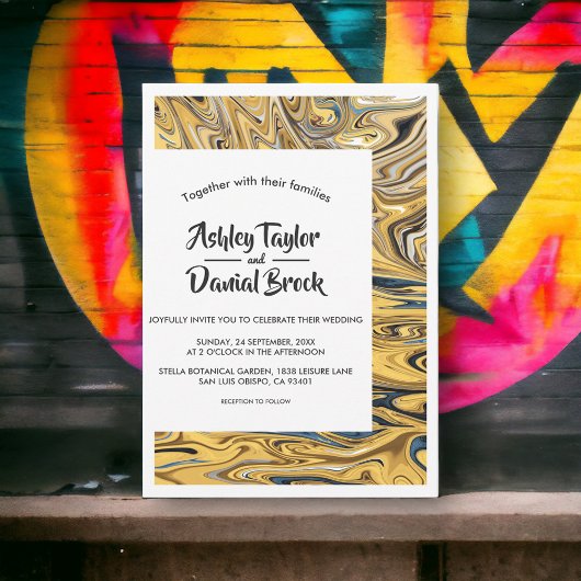 黒モダン溶融金ゴールドスタイリッシュ結婚抽象芸術 招待状