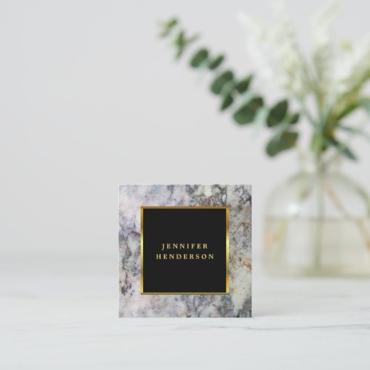 黒モダン灰色の大理石と金ゴールドプロフェッショナル スクエア名刺 (スタンド正面)