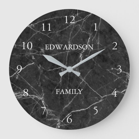 黒モダン灰色の大理石パターンファミリー名 ラージ壁時計 (正面)