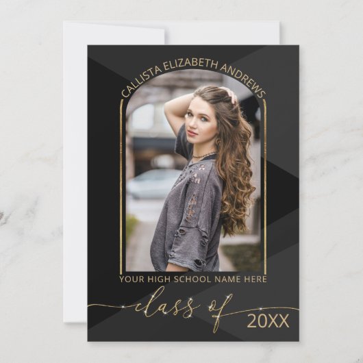 黒モダン灰色の幾何学的な写真の卒業 案内状 (正面)