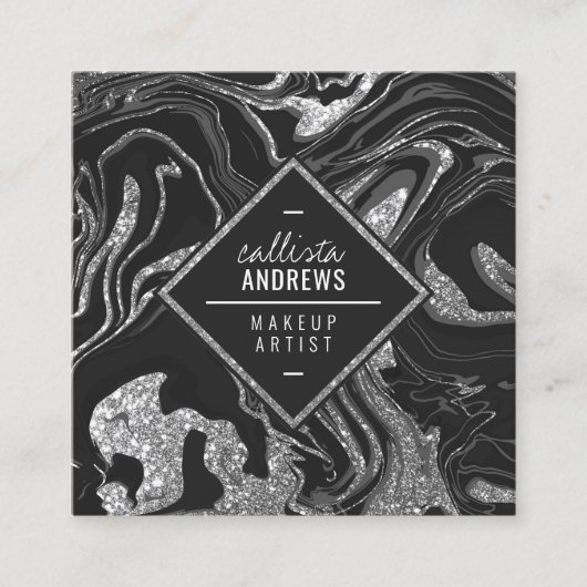 黒モダン灰色シルバーグリッター大理石化粧 スクエア名刺 (正面)