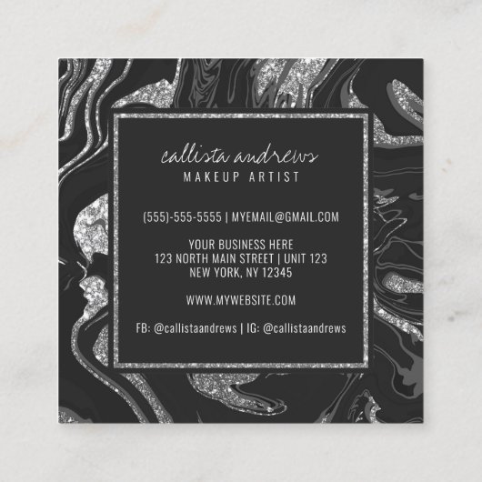 黒モダン灰色シルバーグリッター大理石化粧 スクエア名刺 (裏面)