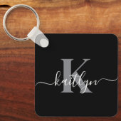 黒モダン灰色スクリプトモノグラム キーホルダー (正面)