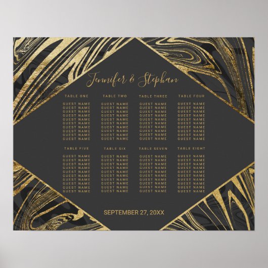 黒モダン灰色金ゴールド大理石スワール座席表 ポスター (正面)