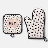 黒モダン点&バブルチャットPink With Hey 鍋つかみ&鍋敷きセット (正面)