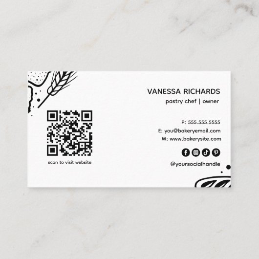 黒モダン焼いた品QRコードベーカリー 名刺 (裏面)
