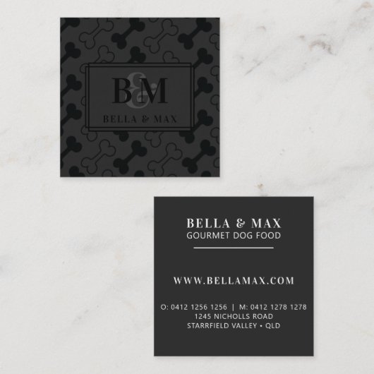 黒モダン犬の骨パターン上のモノグラムブラック スクエア名刺 (正面/裏面)