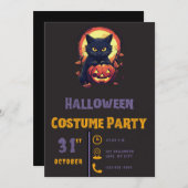 黒モダン猫とジャックOランタンブラックハロウィーン 招待状 (正面/裏面)