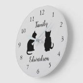 黒モダン猫シルエット家名 ラージ壁時計 (傾斜)