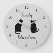 黒モダン猫シルエット家名 ラージ壁時計 (正面)